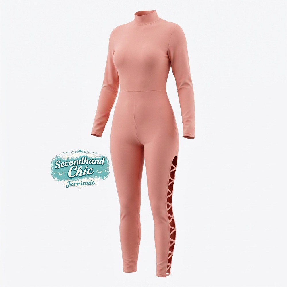 Blush Pink Mock Neck Cutout Back & Side Lace-Up Bodycon Jumpsuit – Size Large